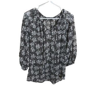 Matty M Blouse Women's XS Sheer Black Floral Lightweight 3/4 Sleeve Top
